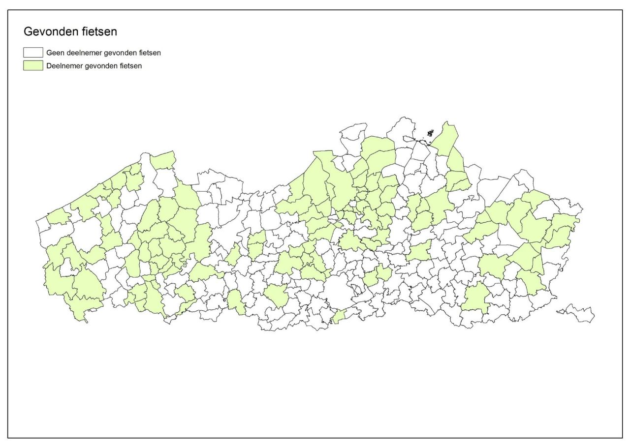 Overzichtskaartje gemeenten en steden die gebruik maken van gevondenfietsen.be
